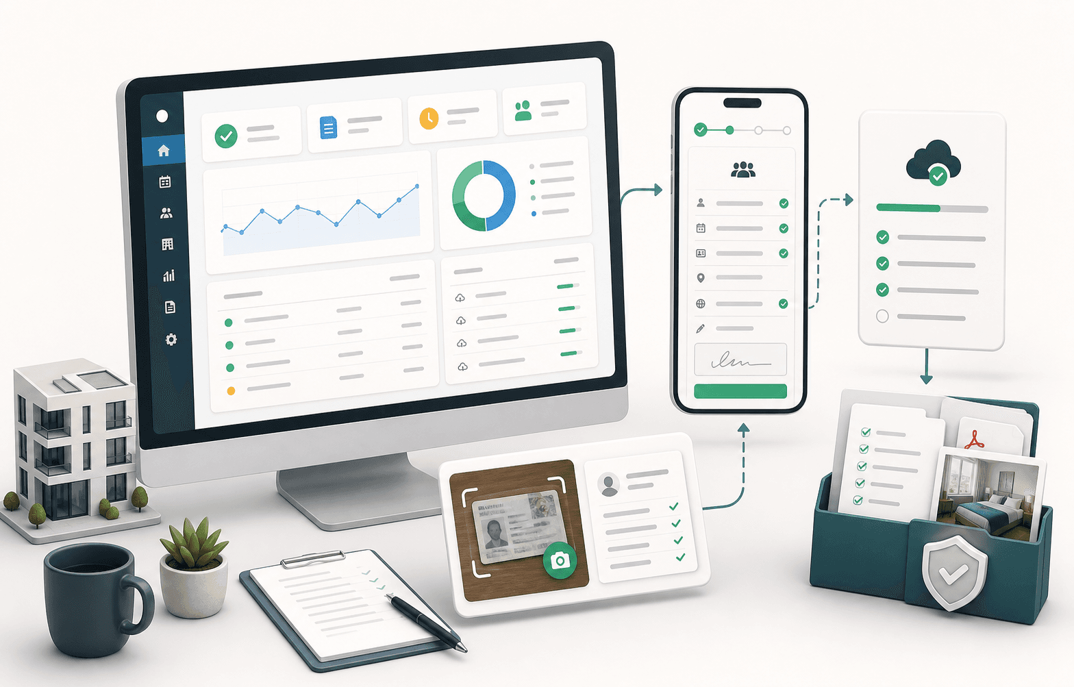 Guest registration, document autofill, reporting, and proof workflow illustration